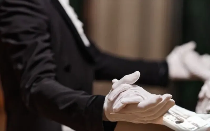 Two white gloves joing hands in dance.